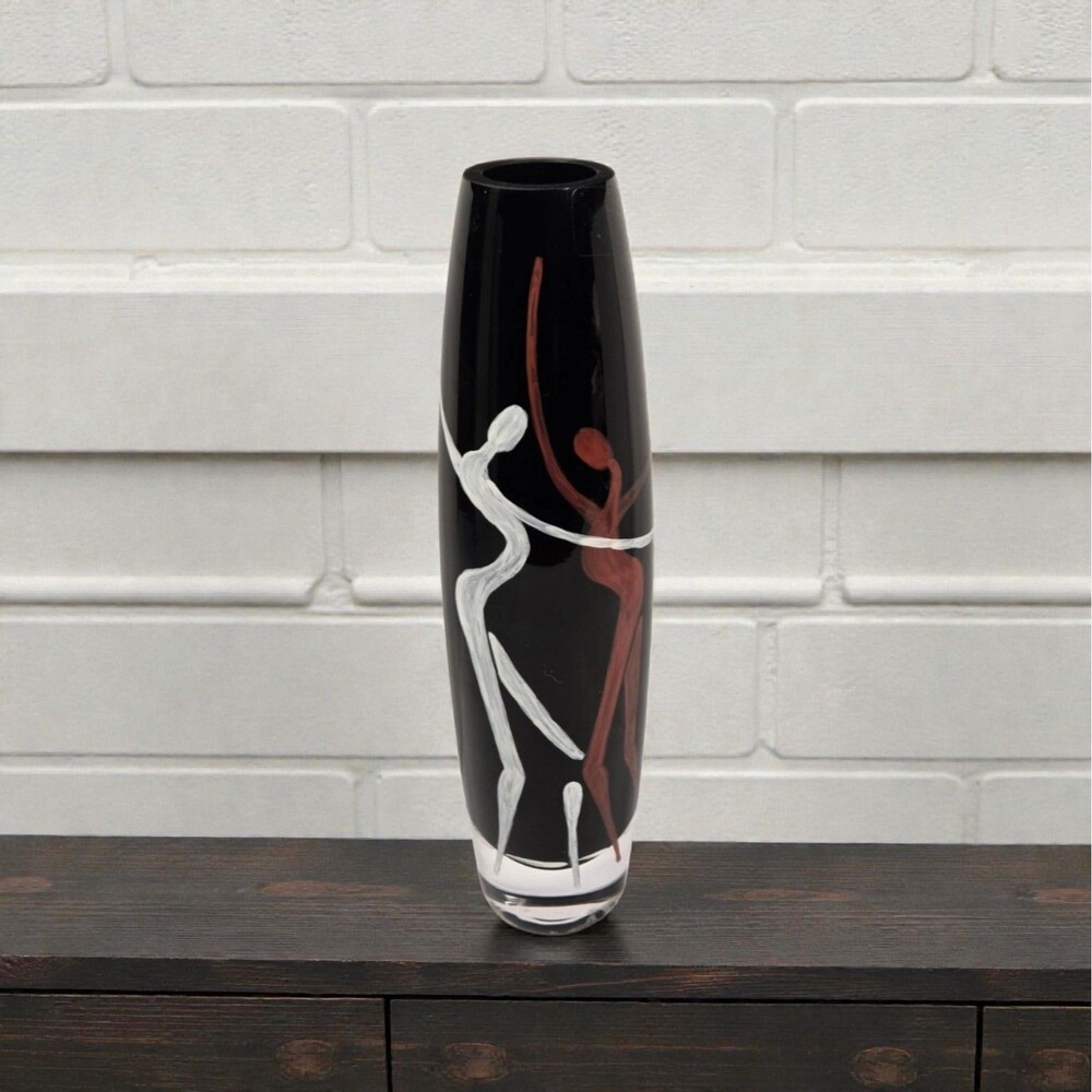 vintage Sasaki Bacchanal Art Glass Vase 11 3/4” Poland Black Hand Painted w/ Box